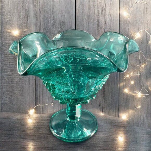 Westmoreland Laurel Green Paneled Grape Pedestal Compote Bowl Dish W Sticker VTG - Picture 1 of 14